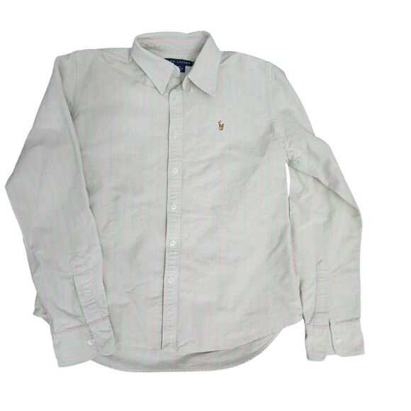 Ralph Lauren Button Up Shirt Boys 10 Slim Fit Green Pink Stripe Collar - Picture 1 of 8